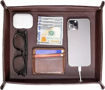 Genuine Leather Valet Tray For Men Key Wallet Tray Nightstand Tray DK Brown • $19