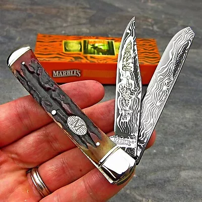 Marble's Rattle Snake Etched Damascus 2 Blade Trapper Stag Bone Folding Knife • $1.25