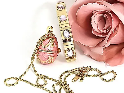 Easter Gift Pink Faberge Egg Necklace Bracelet Set For Women Fabergé 24k Gold HM • $99