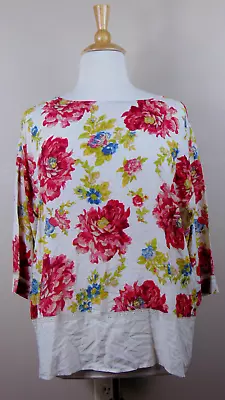 J Jill Size XL Floral Blouse Lace Trim Short Sleeve Rayon Roses Shirt Womens • $18.45