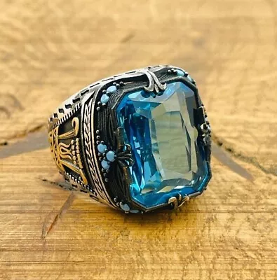 Aquamarine Stone Ring MensBlue Square Stone Ring 925k Sterling Silver • $57