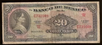 1959 $20 Mexican Pesos Paper Money Bill From Mexico Billete De Dinero Mexicano • $1.25