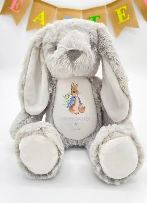 Personalised Happy Easter Blue Bunny L Grey/White Bunny Teddy • £13.95