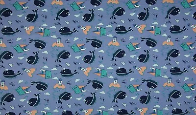 Carton Whales Cotton Jersey Fabric On Mid Blue Background Kids Stretch Fabric • £6.75