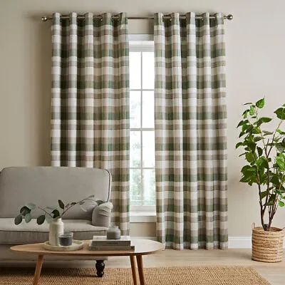 Green Catherine Lansfield Brushed Thermal Check Lined Eyelet Curtains Pair • £43.99