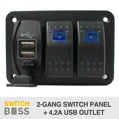 2 Rocker Switch + 4.2A USB Charger - BLUE PRE WIRED 3 Gang Panel - LED Boat 12v • $37