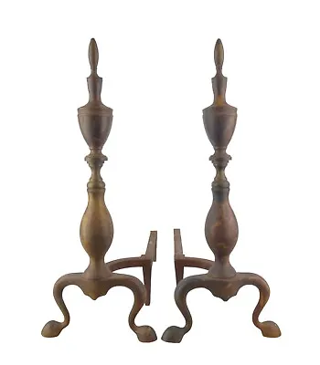 Pair Of Vintage Fireplace ANDIRONS Brass & Cast Iron Mid Century Patina 18  Long • $59.99