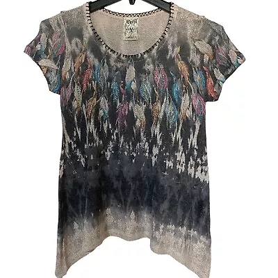 Vocal USA Top Womens Small Boho Gray Rhinestone Floral Short Sleeves Shark Bite • $21.50