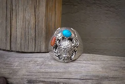 Men's Vintage Navajo Sterling Silver Coral Turquoise Buffalo Ring Size 11.75 • $159