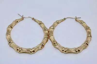 Vintage 10K Yellow Gold Puffy Bamboo Hoop Earrings 2  Diameter 7.3 Grams • $450