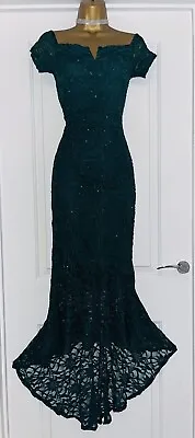 QUIZ Lace Sparkly Green Dipped Hem Evening Cocktail Party Prom Maxi Dress Size 8 • £24.99