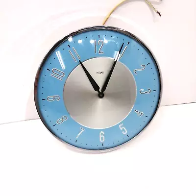 Vintage Metamec Wall Clock Electric  Baby Blue Duck Egg Chrome SERVICED • £71