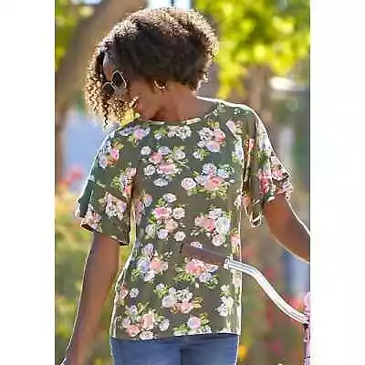 Matilda Jane Clothing Womens Green Floral Flouncy Poet-Sleeve Tee Size S (4-6) • $34.17