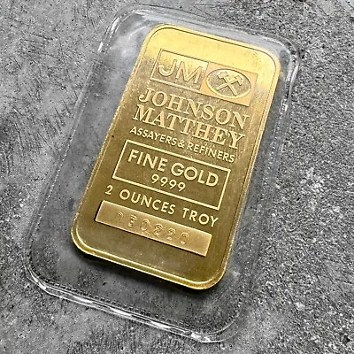 Vintage Johnson Matthey 2 Oz Gold Struck Bar .9999 2oz - Logo Back • $5351.62