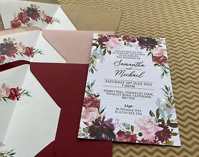 £2.35 • Buy Luxury WEDDING INVITATIONS Burgundy Purple Blush Pink Roses Cards Foliage Wreath
