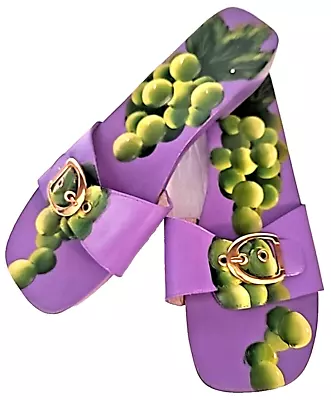 Via Blue Via Women’s Hand Painted 9M Slides Sandals Green Grapes Purple Shoes • $28.49