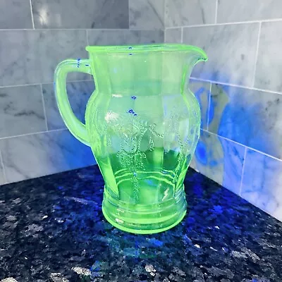 Vintage Hocking Glass Uranium Green Depression Glass Pitcher Cameo Pattern • $125