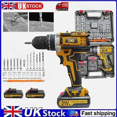 21V Cordless Drill 2 Battery Heavy Duty Impact Driver Set Power Tool Hammer Kit • £24.39