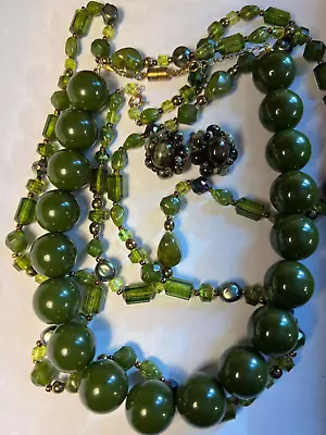 Vintage Lot Of 3 Mid-Century Avocado Green Necklaces And Clip Earrings • $25