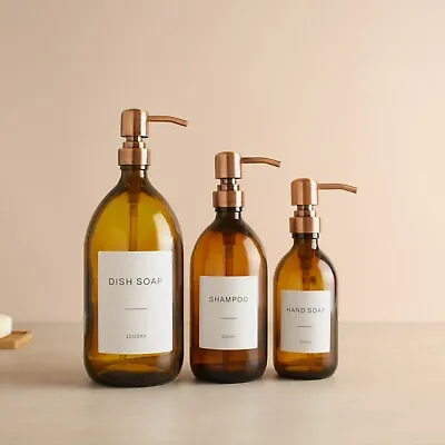 £8.99 • Buy Amber Glass Labelled Bottle With Rose Gold Dispenser Pump For Soap/Shampo