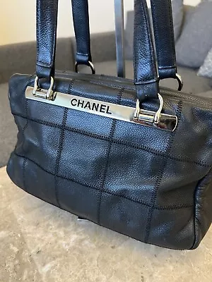 Chanel Choco Black Caviar Leather Mini Bowler Bag Silver Tone Hardware SALE • $1450