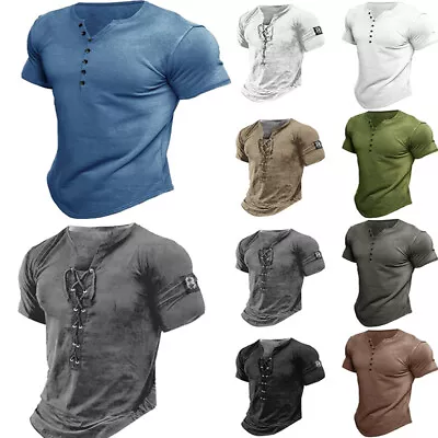 Henley T Shirt Men Summer V Neck Henley Collar Slim Fit Short Sleeve Tee Shirt • $13.95