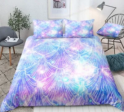 Purple Mermaid Galaxy Pink Girls Double Single Quilt Duvet Pillow Cover Bed Set • $16.06