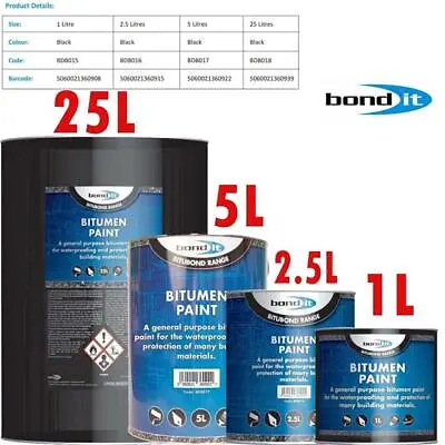£12.95 • Buy Bond It Black Bitumen Paint Weatherproof Roof Protection Sealant Metal 1/2.5/25L