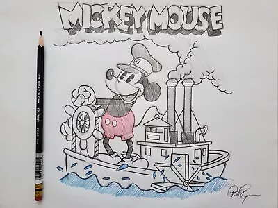 Disney Mickey Mouse Steamboat Willie Color Drawing/sketch Animation Signed Art • $50