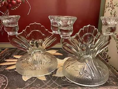 (2) Depression Glass~c 1930’s~Clear/IRIS Pattern~Candelabras~Beautiful/Detailed  • $34.99