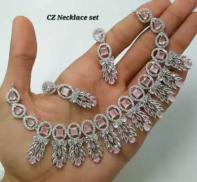 Indian Bollywood Silver Plated Earrings Bridal Set Ethnic AD Necklace Jewelry. • $28.99