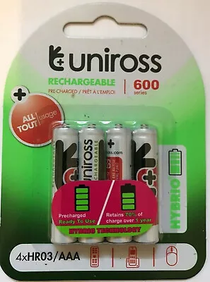 UNIROSS AAA Rechargeable Batteries NiMH 600mAh - 4 Pack • £2.99