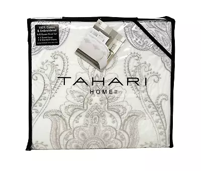 TAHARI QUEEN Chic Silver Royal Embroidery White Soft Cotton Duvet Cover Set NEW • £76.93