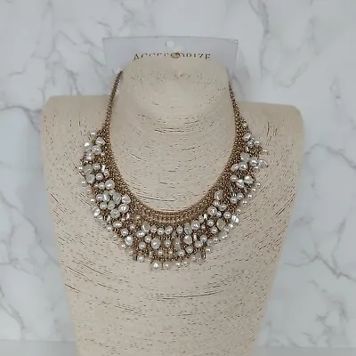 ACCESSORIZE London Gold Tone Faux Pearl Beads Mesh Necklace Costume Jewellery • £9.99