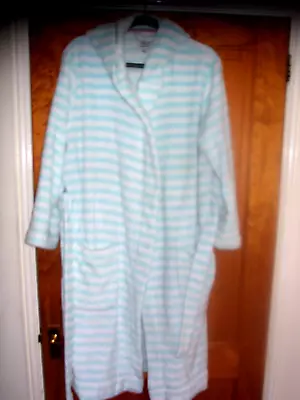 Joules Tea & Crumpets White Green Candy Stripe Fleece Hooded Dressing Gown S/m • £4.50