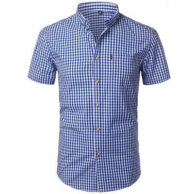 Men Plaid Button Down Shirt  New Short Sleeve Work Tops Slim Fit Casual Checks • £11.99