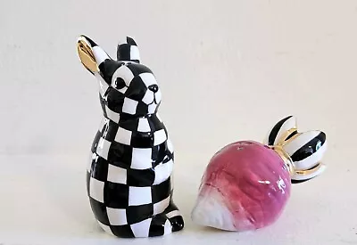  MacKenzie Childs Adorable Courtly Check RADISH RABBIT SALT & PEPPER SHAKERS     • $59.95