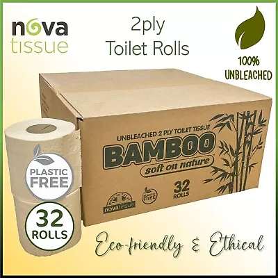 32 Bamboo Toilet Rolls | Plastic Free Eco Tissue Loo Paper | 2ply | Unbleached • £21