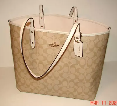 COACH F36658 Signature Reversible PVC City TOTE Chalk / Light Khaki NICE Pre-Own • $95