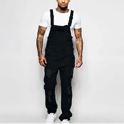 Mens Denim Dungaree Overalls Pants Trousers Bib Ripped Cargo Work Jeans Jumpsuit • $42.36