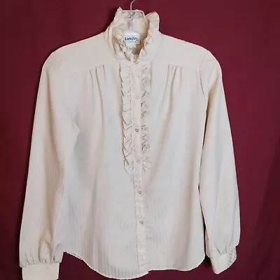 Vintage Langtry Tuxedo Ruffle Front And Collar Tan Blouse Size 7/8 • $12