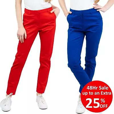 M&S Womens Trouser Blue Red Pockets Ankle Grazer Denim Stretch Casual Summer • £11.96