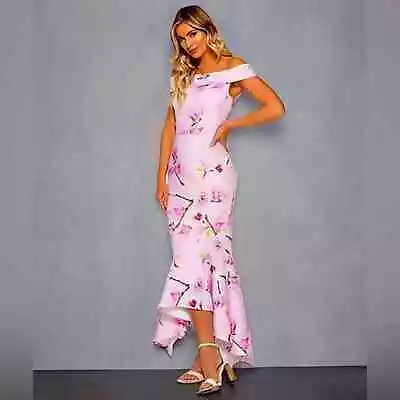 QUIZ Women's Pink And Lilac Floral Bardot Frill Hem Midi Dress • £25.83