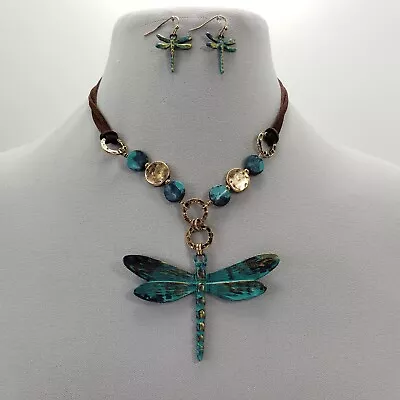 Brown Suede Hammered Charms Dragonfly Pendant Patina Tone Necklace & Earrings • $13.49