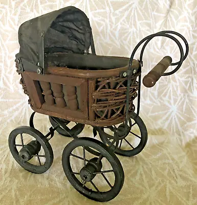 VTG Victorian Doll Carriage Pram Buggy Wood Wicker Steel Frame Folding Hood • $19.20