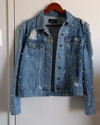 Bardot Size 14 Blue Denim Jacket - Faux Pearl Studded Long Sleeves Flap Pockets  • $35