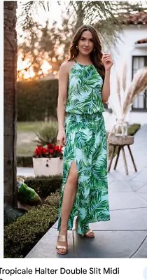 Veronicam Palm Maxi Dress Chiffon Double Front Slit Green  White New Nwt • $65