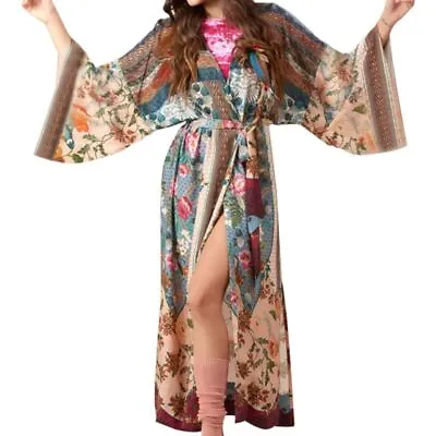 Women Beach Swimsuit Cover Up Floral Printed Open Front Kimono Cardigan Lon • $28.73