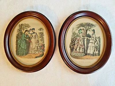 Pair Antique LA MODE ILLUSTREE Hand Watercolor Oval Frames Fashion Engravings  • $39.99