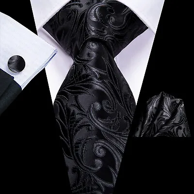 Silk Mens Ties Black Grey White Plain Paisley Skull Necktie Hanky Cufflinks Set • £9.59